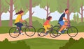 Cartoon Color Characters People Family Riding Bikes Together Concept. Vector