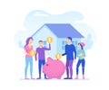 Cartoon Color Characters People and Family Saves Money Concept. Vector