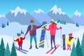 Cartoon Color Characters People Family and Skiing Snowboarding Concept. Vector Royalty Free Stock Photo