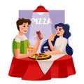 Cartoon Color Characters People Friends in Pizzeria Concept. Vector