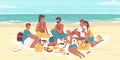 Cartoon Color Characters People Friends on a Seashore Concept. Vector