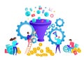 Cartoon Color Characters People and Funnel Leads Generation Concept. Vector