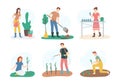 Cartoon Color Characters People and Gardening Concept. Vector