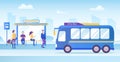 Cartoon Color Characters People Passengers Waiting Bus Concept. Vector