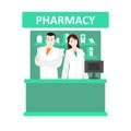 Cartoon Color Characters People Pharmacist and Drugstore Concept. Vector