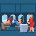 Cartoon Color Characters People and Plane Interior Inside Concept. Vector