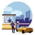 Cartoon Color Characters People and Protect Toll Booth Concept. Vector