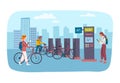 Cartoon Color Characters People and Rental Bikes Store Area Concept. Vector