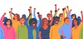 Cartoon Color Characters People Supporting Movement and Protesting Crowd Protesters Fists Concept. Vector