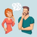 Cartoon Color Characters People Thinking Couple Concept. Vector