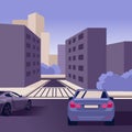 Cartoon Color City Street Landscape Scene and Car Concept. Vector