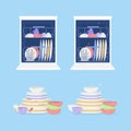 Cartoon Color Clean and Dirty Dishes Set. Vector