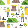 Cartoon Color Climbing Hiking Seamless Pattern Background. Vector