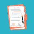 Cartoon Color Contract Papers Document on Clipboard with Pen. Vector Royalty Free Stock Photo