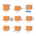 Cartoon Color Delivery Box Characters Icon Set. Vector
