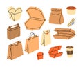 Cartoon Color Different Cardboard Boxes Food Set. Vector