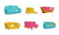 Cartoon Color Different Dirty Broken Sofa Set. Vector