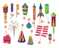 Cartoon Color Different Firecracker or Pyrotechnics Rocket Icon Set. Vector Royalty Free Stock Photo