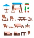 Cartoon Color Different Garden Furniture Icons Set. Vector