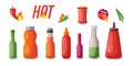 Cartoon Color Different Hot Chili Sauce and Spicy Pepper Set. Vector Royalty Free Stock Photo