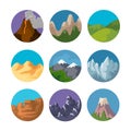 Cartoon Color Different Mountain Sign Icon Set. Vector