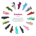 Cartoon Color Different Sneakers Shoes Banner Card Circle. Vector