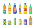 Cartoon Color Different Soft Drinks Bottles Icons Set. Vector