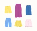 Cartoon Color Different Type Clothes Female Skirts and Shorts Set. Vector Royalty Free Stock Photo
