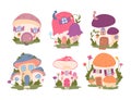 Cartoon Color Different Type Fairytale Mushroom Houses Set. Vector