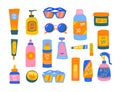 Cartoon Color Different Type Spf Sunscreen Products Icon Set. Vector Royalty Free Stock Photo