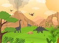 Cartoon Color Dinosaurs and Landscape Scene Concept. Vector Royalty Free Stock Photo
