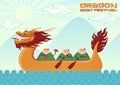 Cartoon Color Dragon Boat Festival Concept Banner Poster Card. Vector