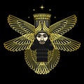 Cartoon color drawing: bearded man in a horned crown with six wings, a character in Assyrian mythology.