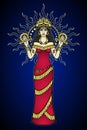 Cartoon color drawing: beautiful woman in a horned crown, a character in Assyrian mythology.