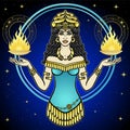 Cartoon color drawing: beautiful woman in a horned crown holds a sacred fire in hands, character in Assyrian mythology Royalty Free Stock Photo