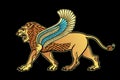 Cartoon color drawing: growling winged lion, a character in Assyrian mythology.