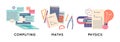 Cartoon Color Education Concept Computing, Maths and Physics Subjects Set. Vector Royalty Free Stock Photo