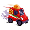 Cartoon Color Fast Pizza Delivery Car. Vector