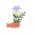 Cartoon Color Female Hand Holding Bellflower. Vector