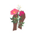 Cartoon Color Female Hand Holding Bouquet. Vector