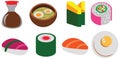 Cartoon color flat sushi set pack cafe doodle rolls cute icon