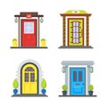 Cartoon Color Front Door of House Icon Set. Vector