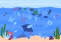 Cartoon Color Garbage in Sea Scene Concept. Vector Royalty Free Stock Photo