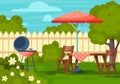 Cartoon Color Garden Picnic Backyard Scene Concept. Vector