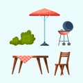 Cartoon Color Garden Picnic Concept Icon Set. Vector