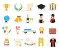 Cartoon Color Graduation Day Signs Icon Set. Vector Royalty Free Stock Photo