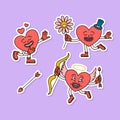 Cartoon Color Groovy Heart Shaped Valentine Stickers Set. Vector
