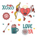 Cartoon Color Groovy Hippie Valentines Day Characters Elements Set. Vector