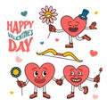 Cartoon Color Groovy Hippie Valentines Day Mascots Elements Set. Vector