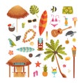 Cartoon Color Hawaiian Beach Party Icons Set. Vector Royalty Free Stock Photo